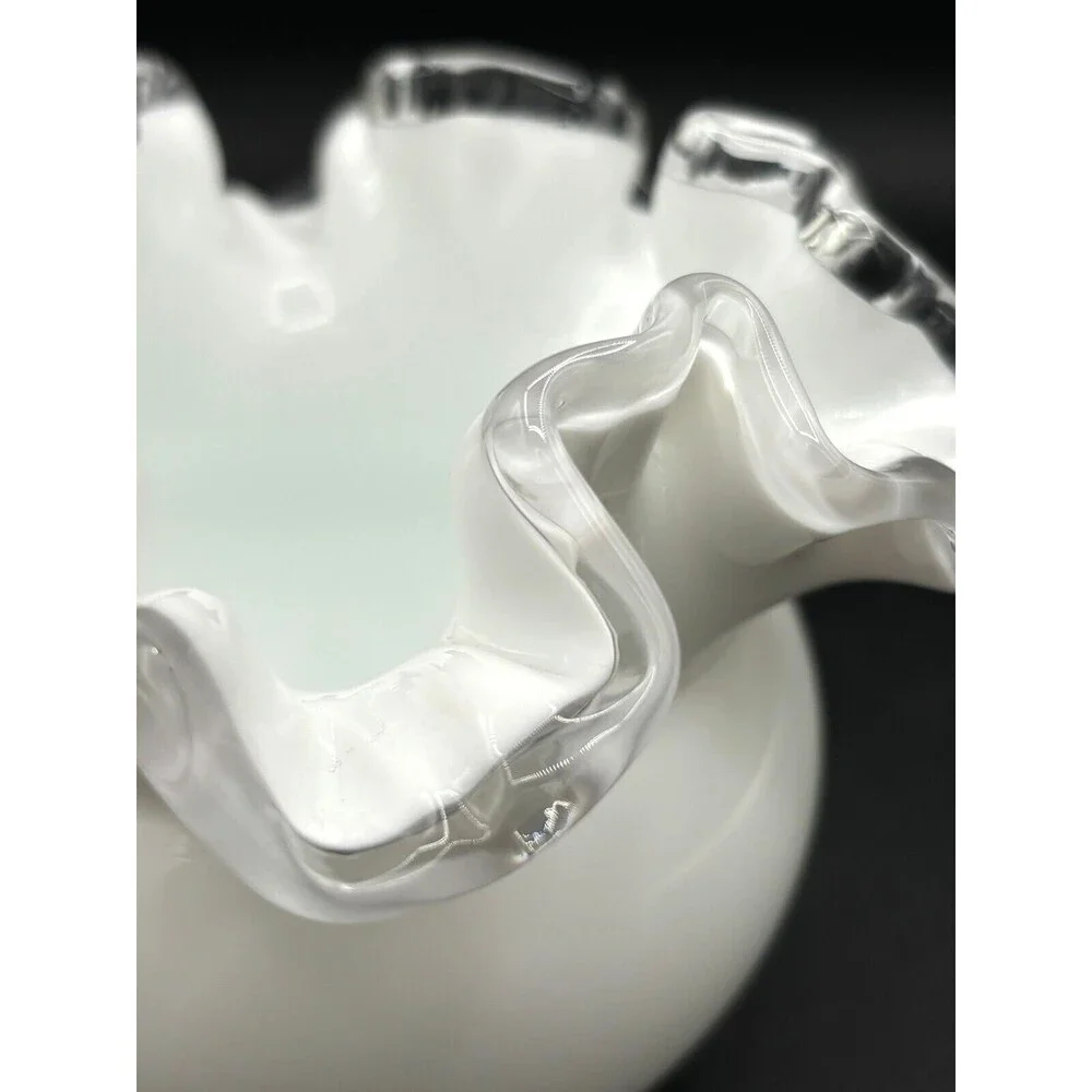Fenton Opaque White Milk Glass Bowl Vase Small‎ Ruffled Silver Crest Clear Edged